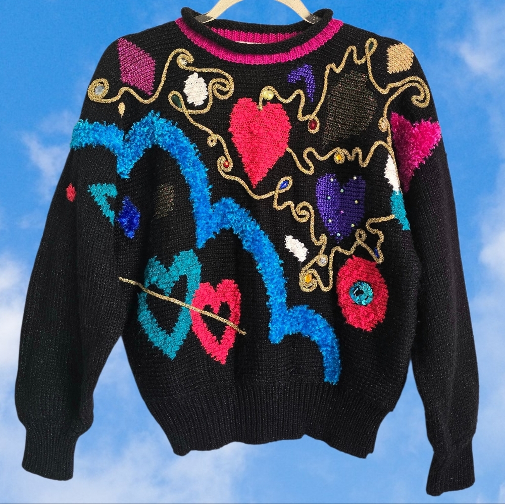 💜Vintage Rhinestone Fuzzy Sequin Jaclyn Smith Funky & Unique Bright Sweater💜